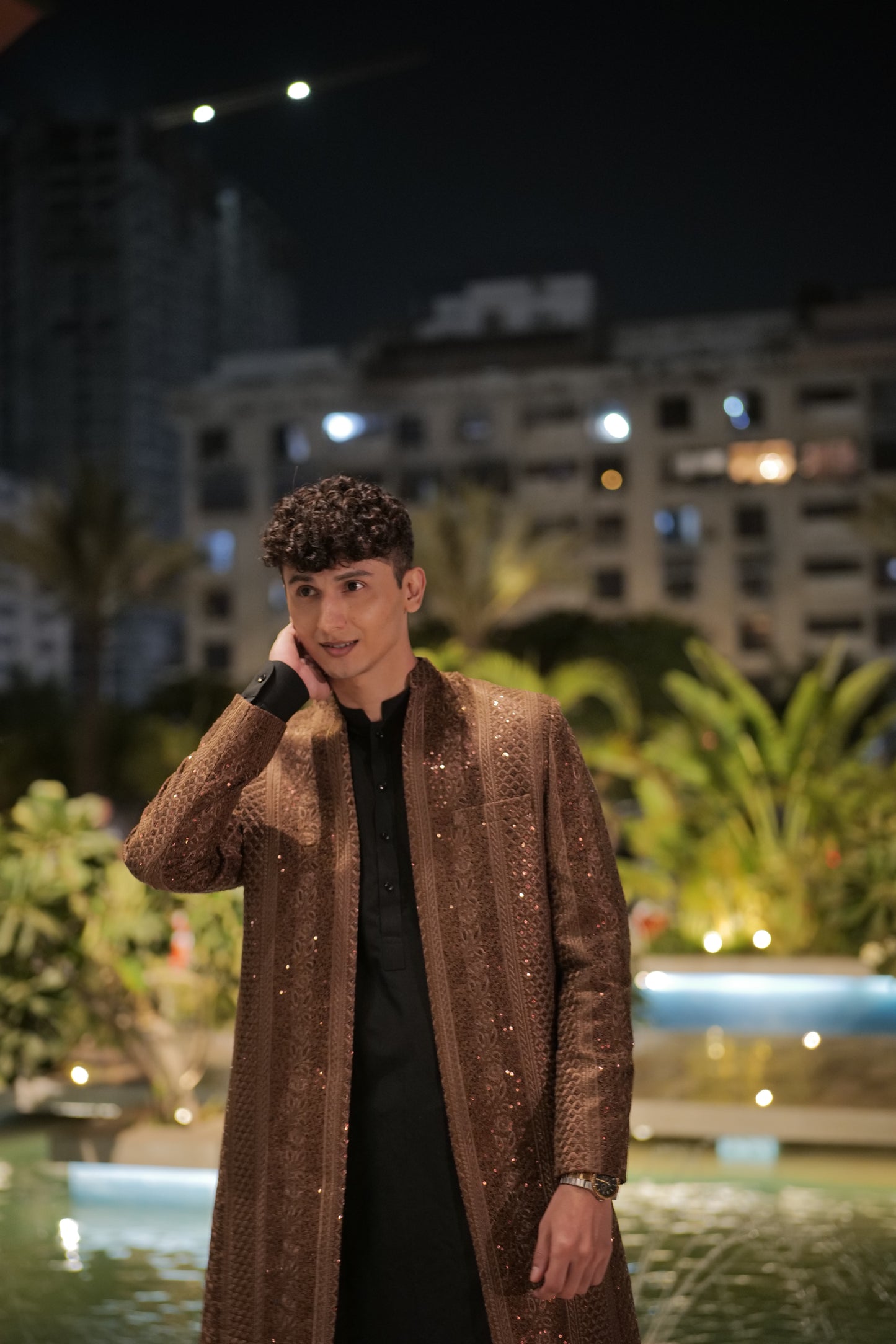 Brown Front Open Sequin Sherwani