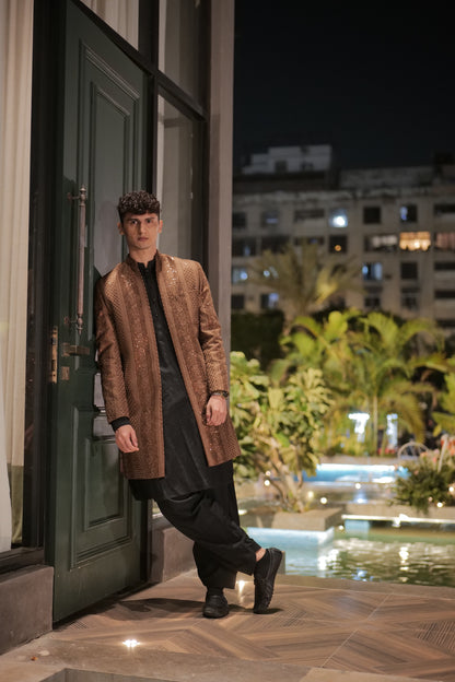 Brown Front Open Sequin Sherwani
