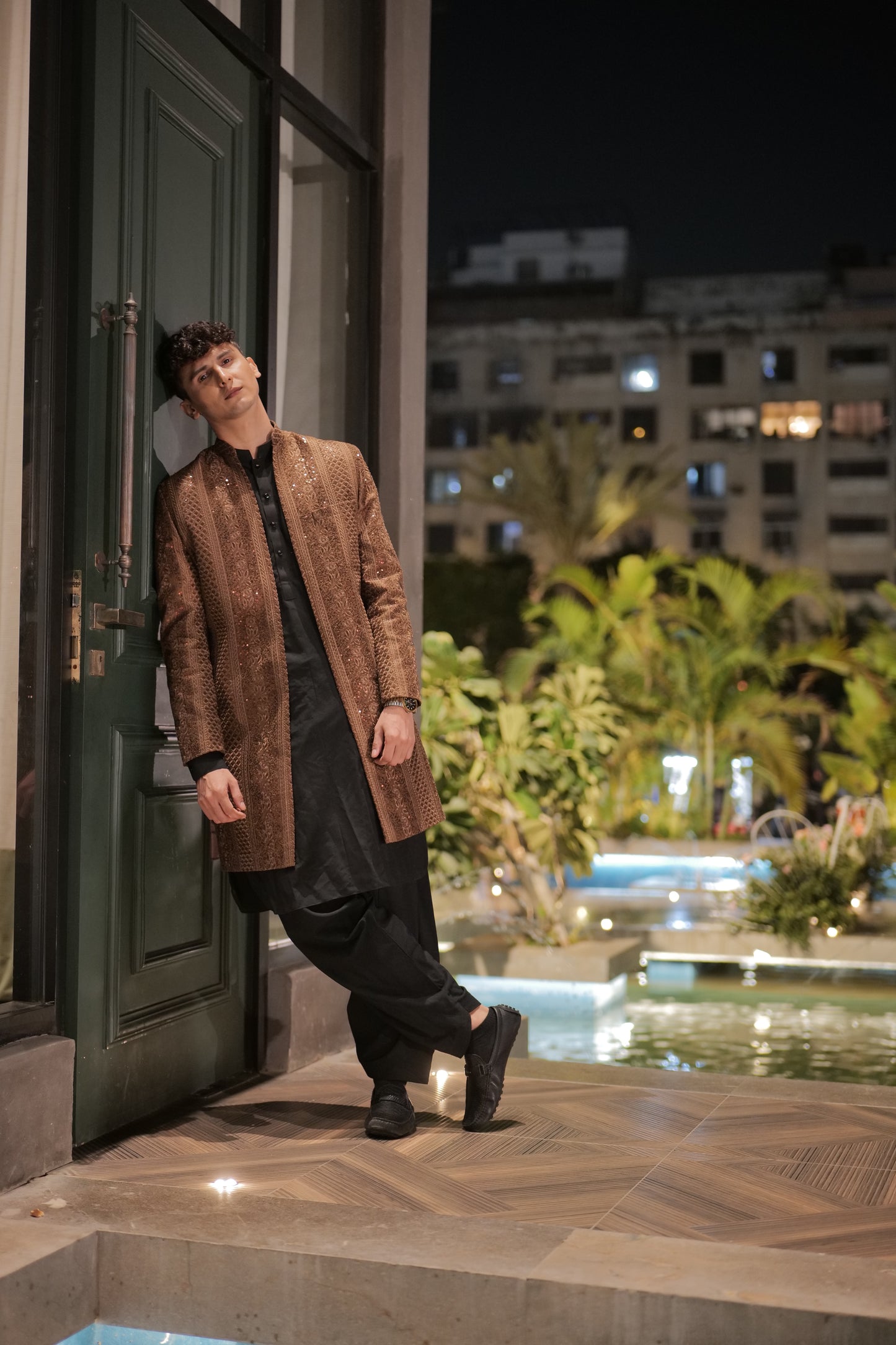 Brown Front Open Sequin Sherwani