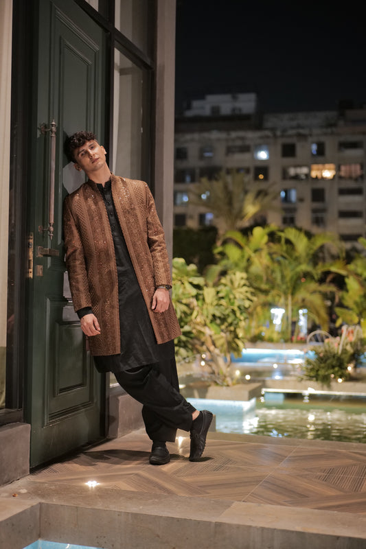 Brown Front Open Sequin Sherwani