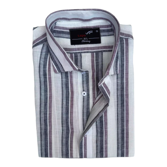 Grey & Mauve Thick Striped Linen Shirt