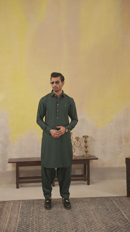 BOTTLE GREEN CLASSIC COLLAR SHALWAR KAMEEZ