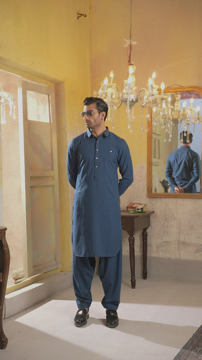 TEAL BLUE CLASSIC COLLAR SHALWAR KAMEEZ