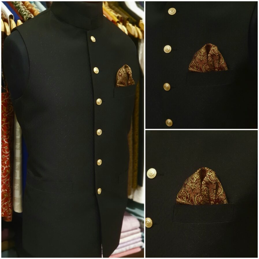 Black Textured Jamawar Waist Coat