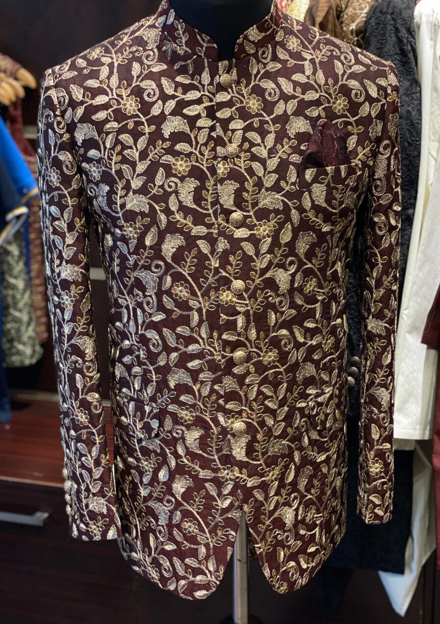 Brown Raw Silk with Floral Golden Embroidery