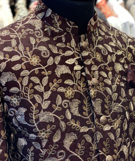Brown Raw Silk with Floral Golden Embroidery
