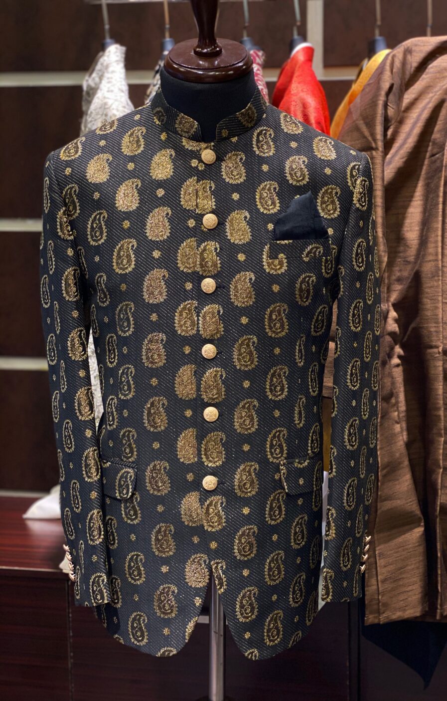 Black Motif Printed Jamawar Prince Coat
