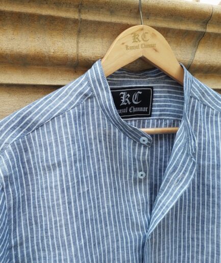 Blue & White Striped Mandarin Collar Linen Shirt