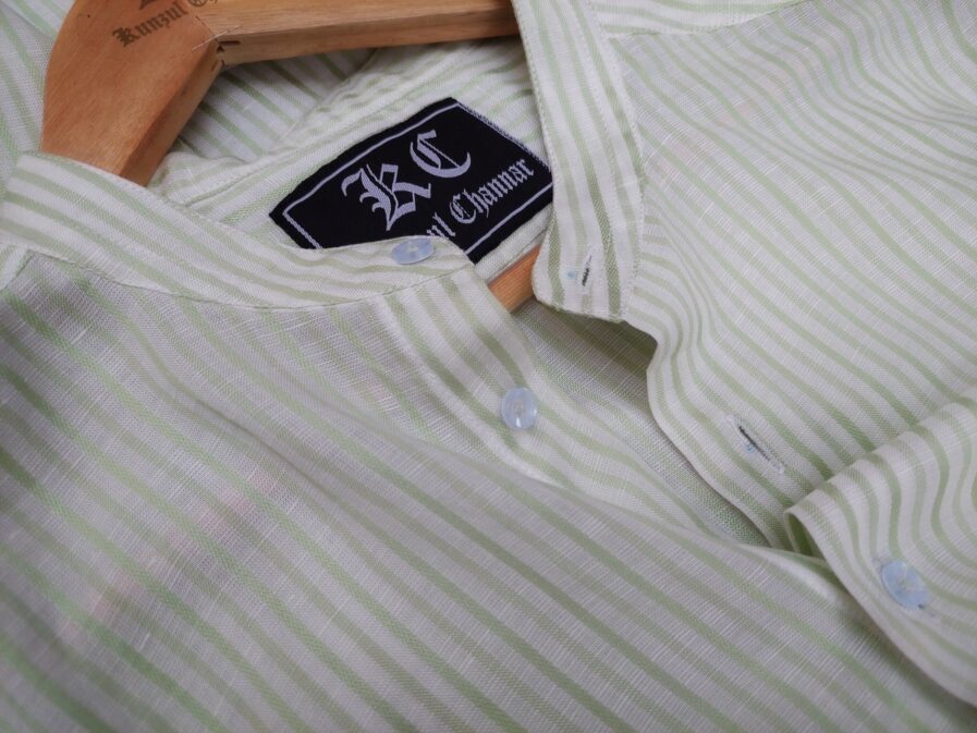 Green Striped Mandarin Collar Linen Shirt