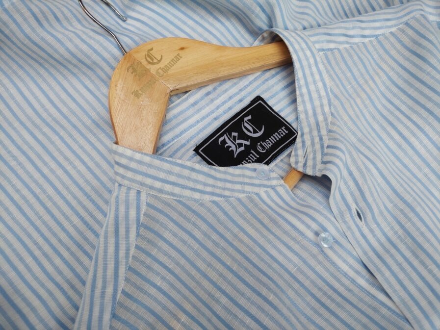 Blue Striped Mandarin Collar Linen Shirt