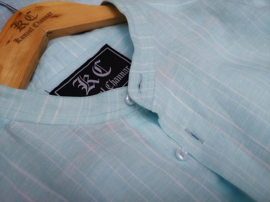 Sky Blue Striped Mandarin Collar Linen Shirt